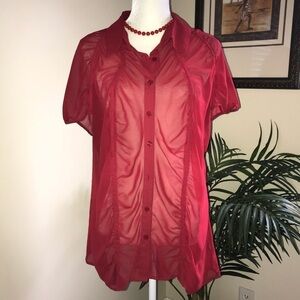 Worthington Sheer Red Gathered Poly Short Cap Sleeve Top 2X Plus Size